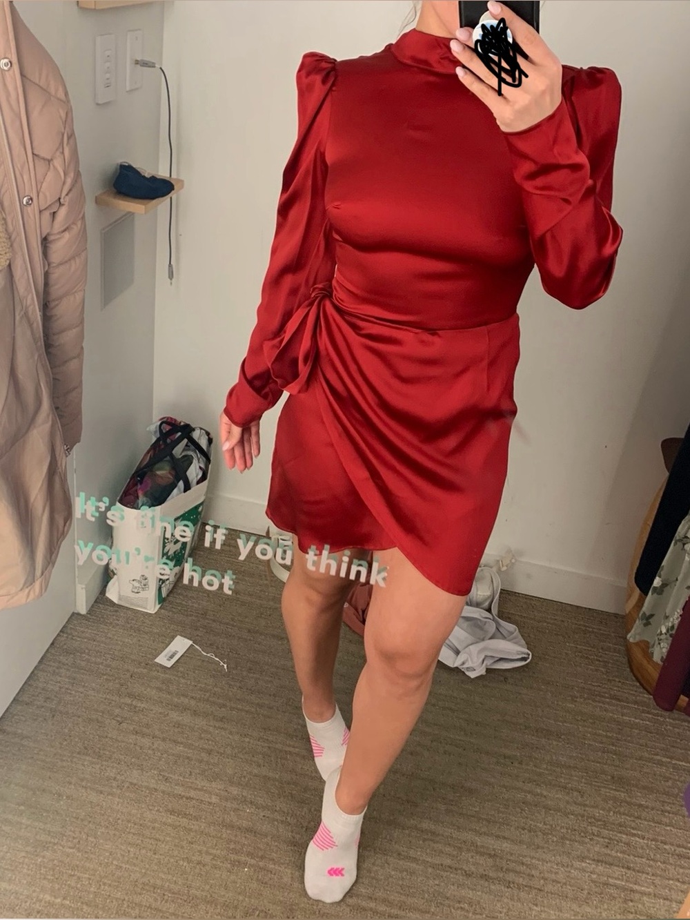 Reformation Burgundy Satin Wrap Mini Dress with Puff Sleeves